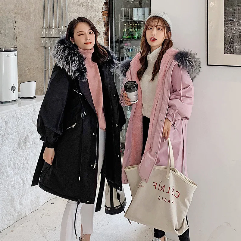 

2019 New Style Korean-style Ultra Large Fur Collar Ribbon Mid-length down Jacket Women's Loose-Fit Waist Hugging Thick Slimming