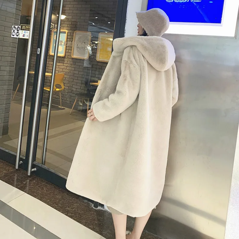 High Quality Women Mid Long Imitation Rabbit Fur Jacket Thick Warm Outerwear Parka Girl's Loose Faux Mink Fur Teddy Hooded Coats