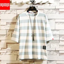 Мужская футболка из хлопка, полосатая футболка для мужчин, летняя японская Повседневная футболка, уличная свободная футболка большого размера