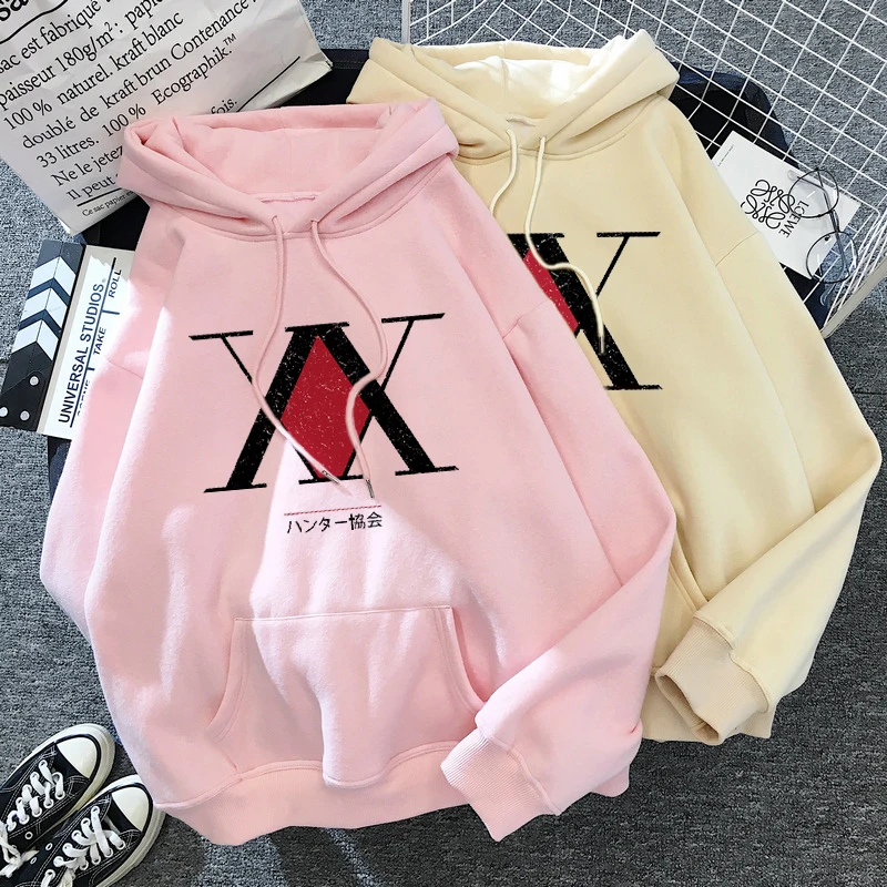 Женский пуловер с капюшоном HUNTER X Harajuku Розовый круглым вырезом и длинными