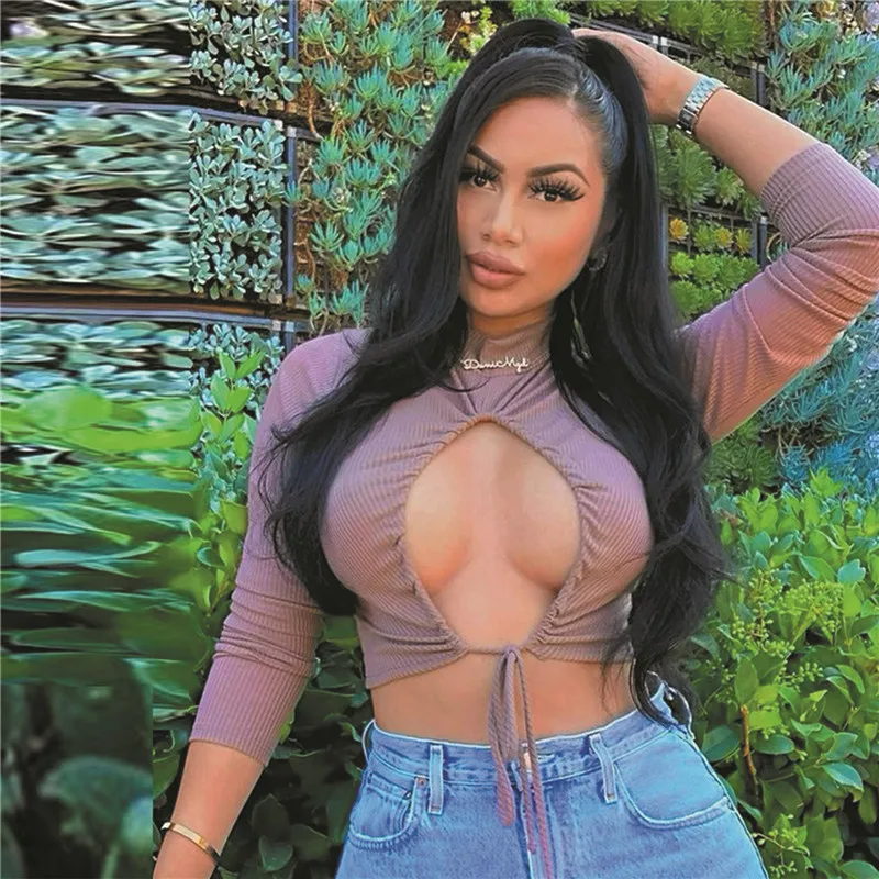 New Women's Solid Color Long-sleeved Round-neck Hollow Lace-up Top Sexy Short Navel T-shirt Street Wear Party Night Club Wear