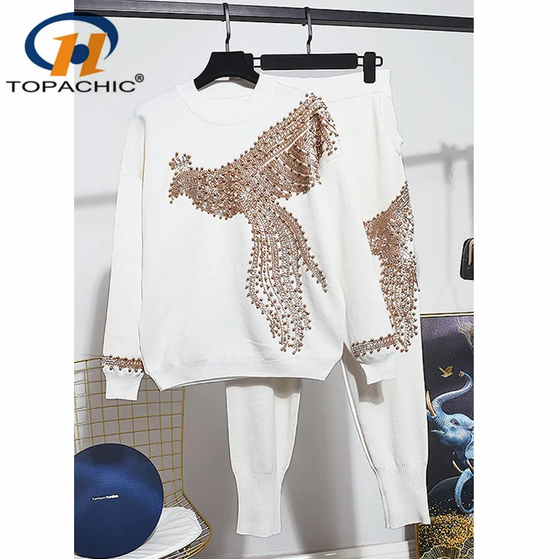 Женский вязаный пуловер с длинным рукавом зимний комплект из 2 предметов бисером