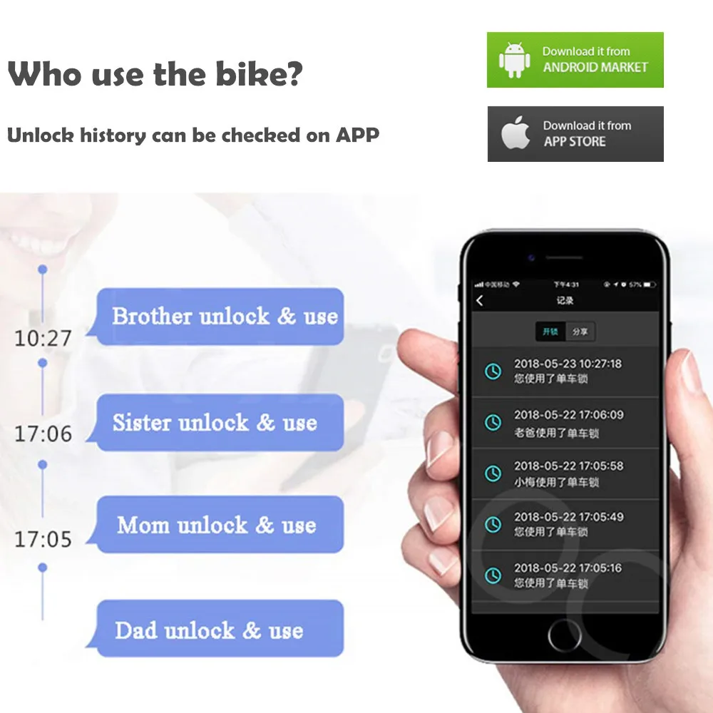 Keyless Bluetooth APP intelligent Bike Lock, smart phone access Anti Theft Alert and Waterproof for personal, family or school