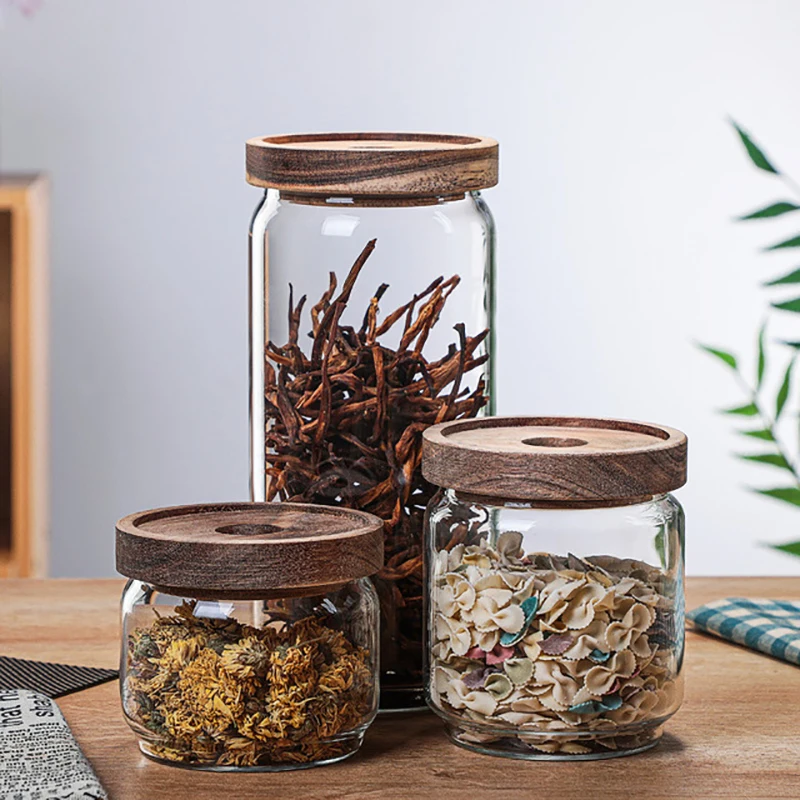 Barattoli di vetro ermetici con coperchio in legno per contenitori  sigillati per alimenti da cucina contenitori per bottiglie di conservazione  per chicchi di caffè e cereali per tè - AliExpress