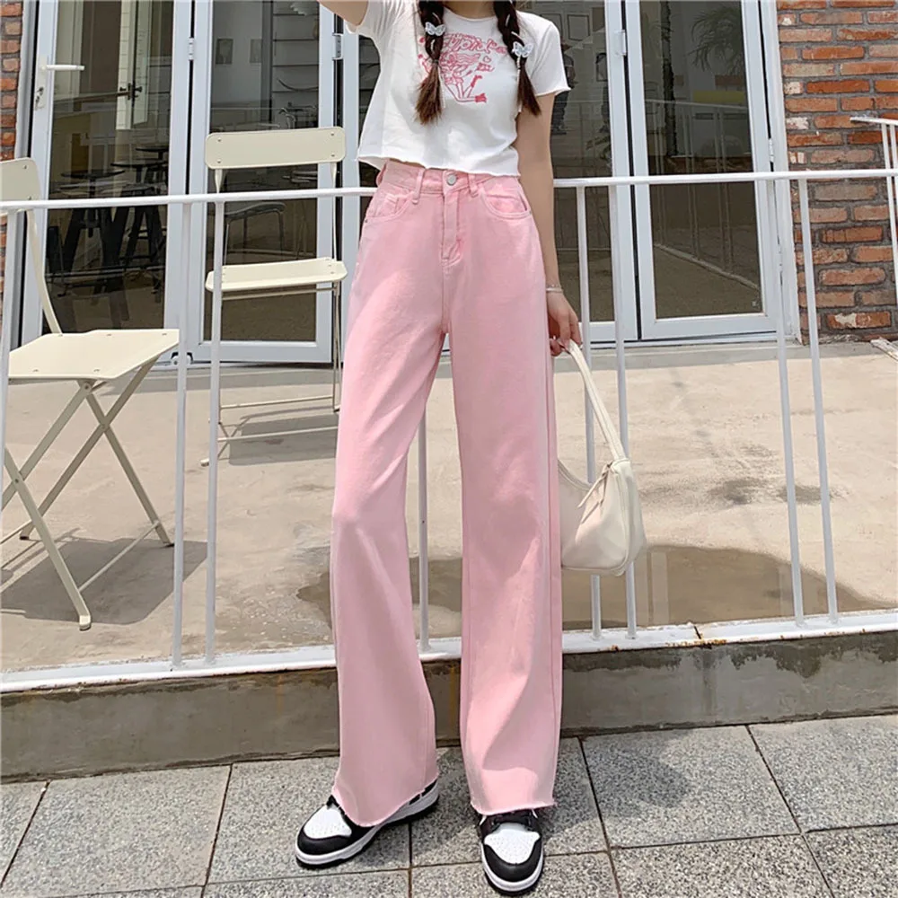 Jeans rosa dolce ricamo tasca pesca vita alta pantaloni Denim mamma  pantaloni eleganti donne coreane fondo abbigliamento Kawaii|Jeans| -  AliExpress
