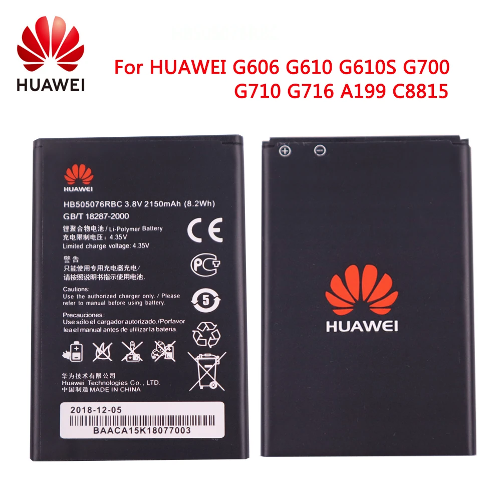 

Original Battery HB505076RBC For Huawei Ascend G527 A199 C8815 G606 G610 G610-U20 G700 G710 G716 G610S/C/T Y600 Y600-U20 Battery