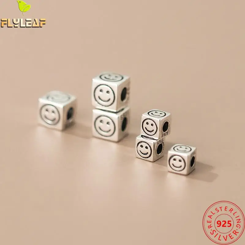 

925 Sterling Silver Square Smiley Emoticons Spacer Beads DIY Bracelet Necklace Accessories Fine Jewelry Wholesale 4-5.5mm