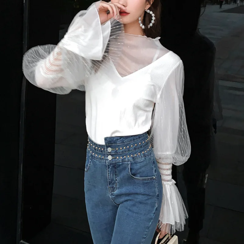 

New Black Lace Mesh Sleeve Top In Autumn 2019 with Simple V-neck Knitwear Pullovers O-Neck Black Sweaters Women