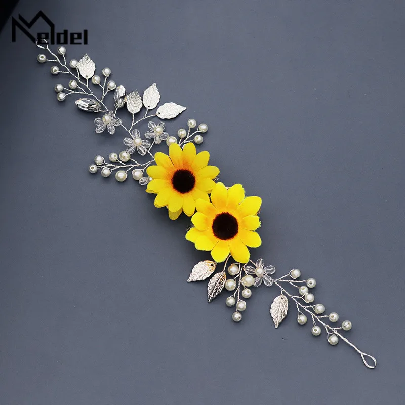 Meldel – bijoux de mariage pour femme, bandeau de cheveux, fleurs jaunes, bijoux de mariée, strass faits à la main, belle coiffure de fleur de soleil pour fille