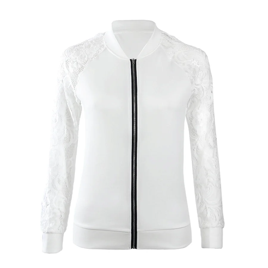 remarkable Lace Casual Jacket Women Splice Tight Long Sleeve Black White Thin Coat Ladies Fashion Sexy Slim Zi