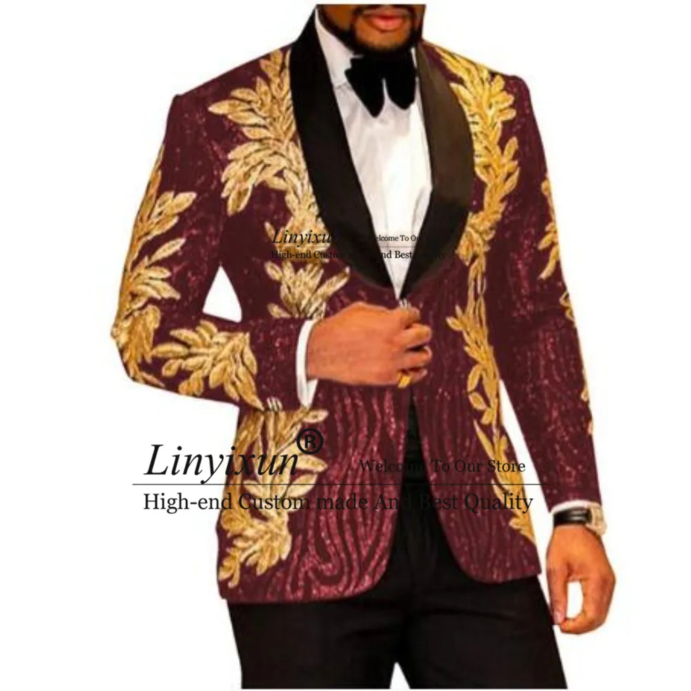 Mens Suit Slim Fit terno masculino Shiny Sequins Gold Applique Suits Men Prom Tuxedos Grooms Set 2 Pieces(Blazer + Pants) Costume Homme