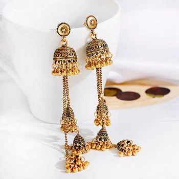 

Ethnic Gold Afghan Long Tassel Bead Drop Earrinngs Bollywood Jewellery Bell Jhumka Indian Earrings Wedding Jewelry