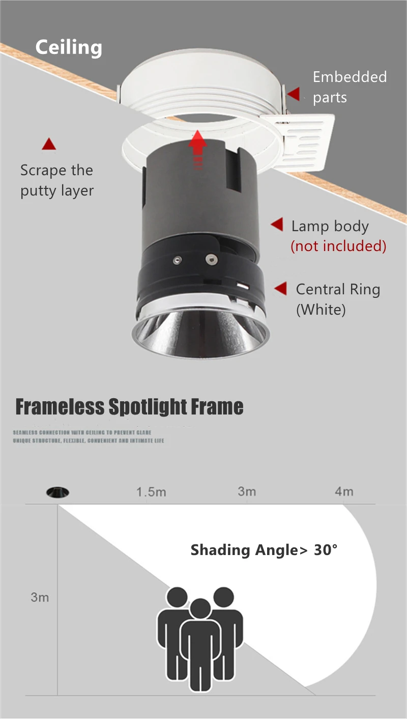 Anti-brilho sem moldura embutida led teto downlight