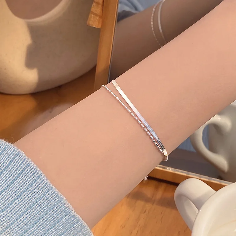 

KOFSAC New 925 Sterling Silver Bracelets For Women Snake Chain Rice Beads Chain Bracelet Lady Daily Wear Jewelry Glamorous Gift