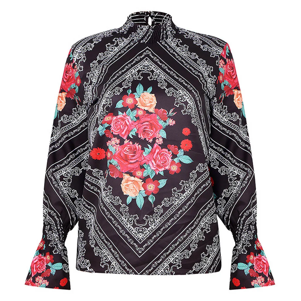 Женская одежда boho, блузки, Зимняя мода, длинный рукав, с принтом, рукав-фонарик, рубашка с вертикальной одеждой, blusas femininas