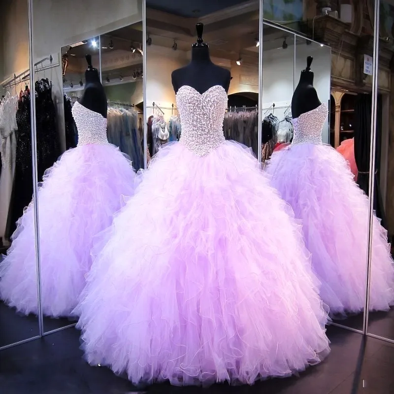 

Lavender Ball Gown Prom Dresses Corset Crystals Pearls Ruffles Tulle Lace Up Back Pageant Gowns For Girls Pageant Dresses