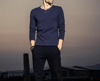 

New Spring men solid color soft Cotton long sleeve T-shirt blue gray An