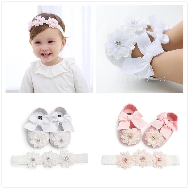 

Spring Autumn New Infant Baby Girls Shoes Cotton Fabric Sweet Lace Flower Ribbon Pearl Bowknot Princess Shoes+Floral Headband