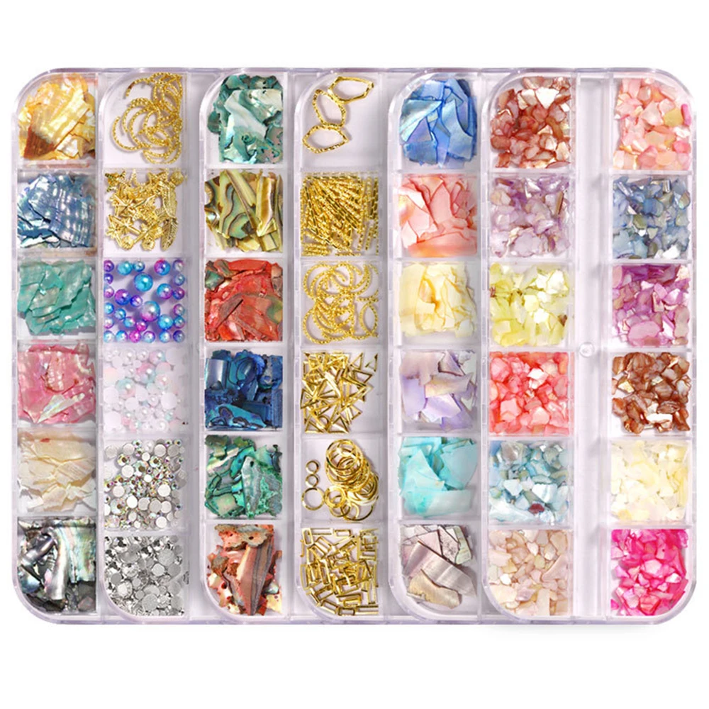 

Nail art Shell Pieces jewelry box of ultra thin abalone pieces Nail salon shell stone 12 color mixed metal