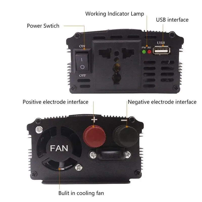 Солнечный инвертор 12 V/24VDC модифицированный синусоидальный преобразователь 500 W/1000 W H9P3