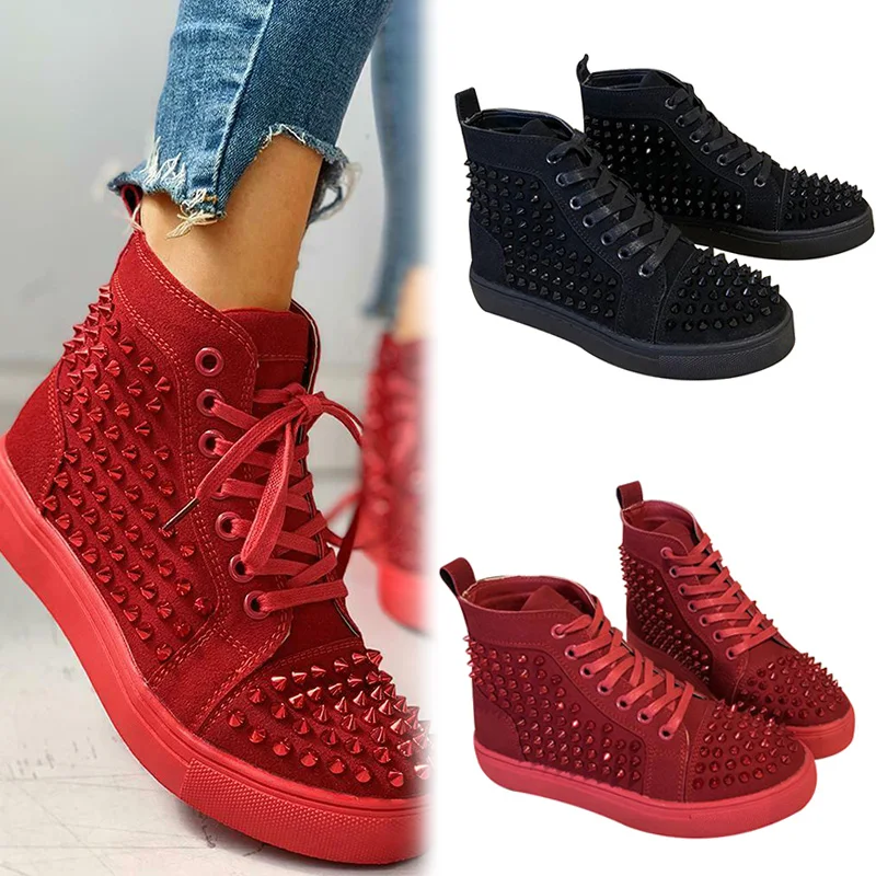 

wear-resistant, non-slip Solid Studded Eyelet Sneaker Lace-up Casual Flat Martin Boots for Women