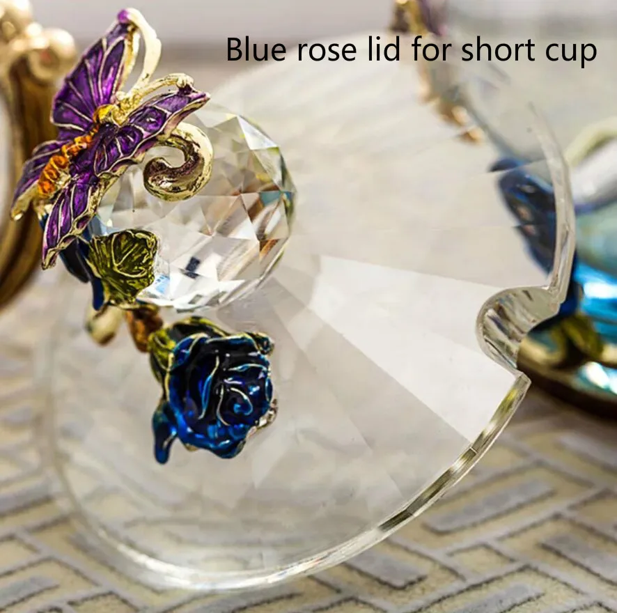 Ручная работа, эмалированная кофейная кружка, Хрустальная чашка, молоко, лимон, цветок, чайная чашка, Высококачественная стеклянная посуда для напитков, подарок, Пара кружек для влюбленных, свадьба - Цвет: Blue lid short cup
