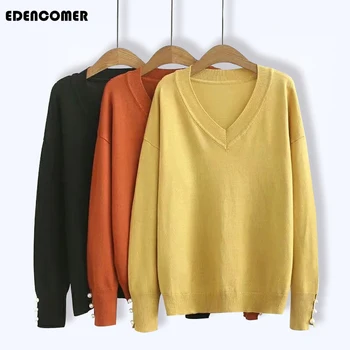 

Large Size Women's Autumn and Winter Wear 2019 New Korean Nail Bead Sweater Pullover Pure Color V Neck Plus Size Sweaters