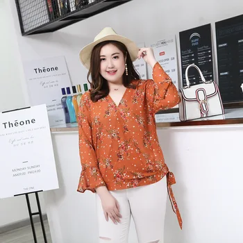 

Women Spring Summer Blouse Lady Tops Female Long Sleeve Chiffon Shirt Orange Floral Print V-neck Plus Size Fashion Loose S6-4037