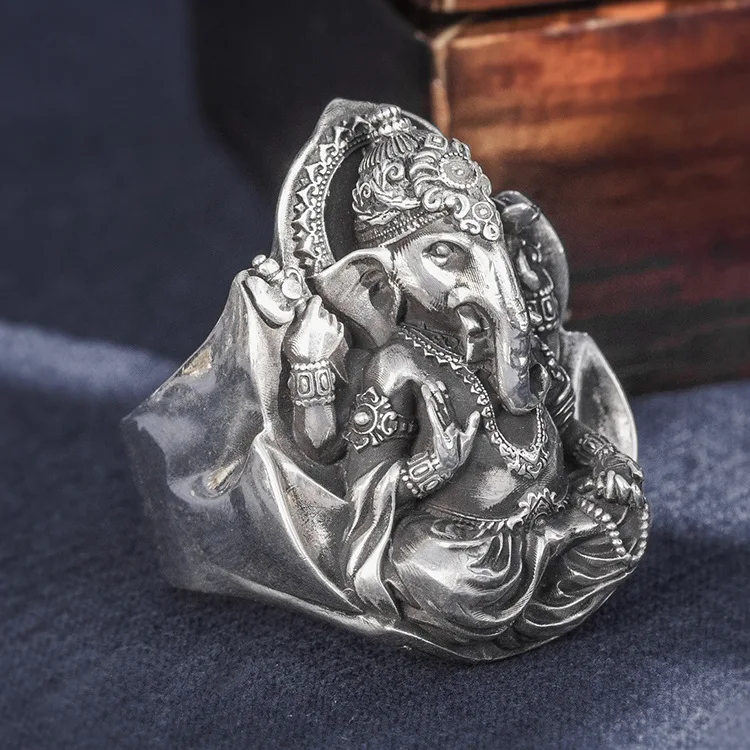 100% Real 999 STERLING SILVER  Mens women Lord Hindu Ganesh Elephant India Yoga Jewelry Ring rings handmade   Luxury A4537