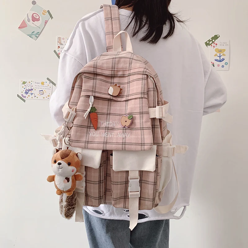 

Large Capacity Korean Lovely Girl Backpack 2021 New Female Student Schoolbag Japanese Canvas Preppy Style Plaid Travel Bag Women