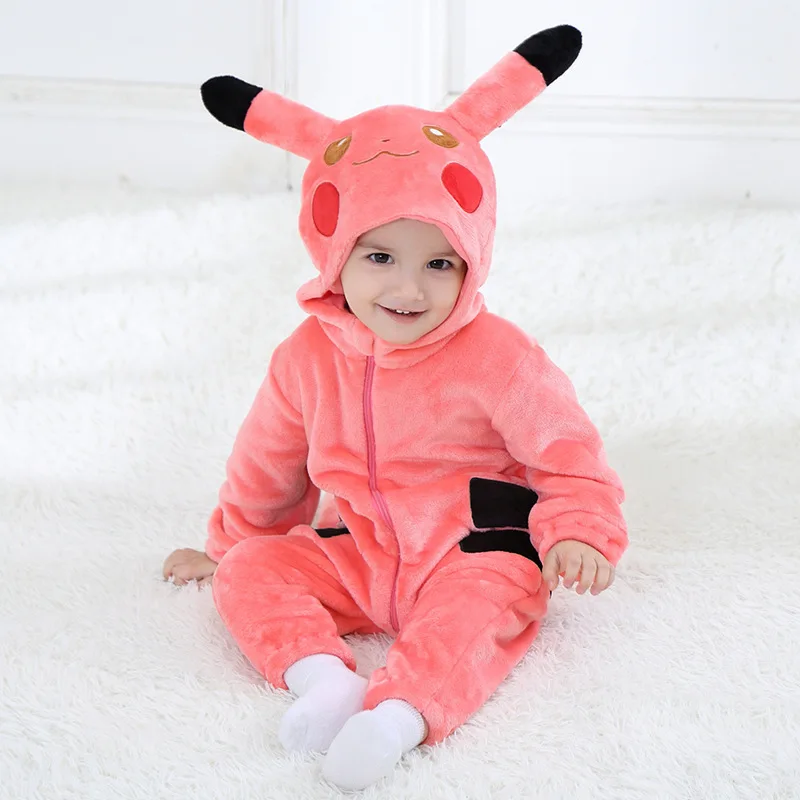 Baby girls Clothes Pikachu Winter Rompers Overall with Zippers Cute Animal Hooded Jumpsuit Costume macacao Bebe Inviernos - Color: pikachu