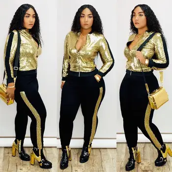 

2019 Autumn Design High Street Women 2 Pcs Set Sequined 2 Color Solid Sequins O-Neck Full Sleeve Tops Long Pants 2 Piece Suits
