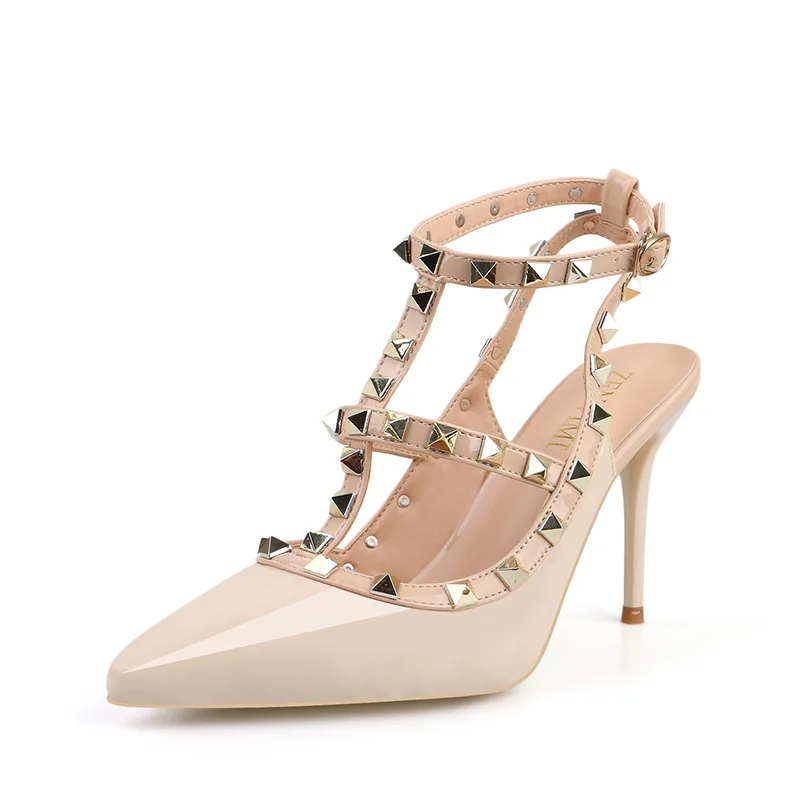 

ZHENZHOU 9CM PUMPS New pointed stiletto rivets sandals shallow mouth single shoes ladies high heels Roman sandals