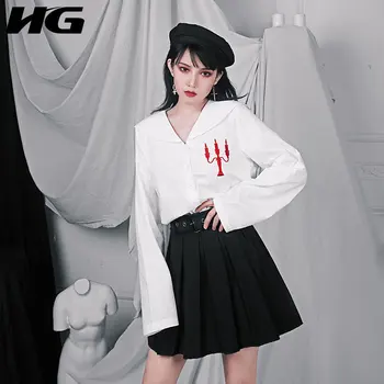 

HG Gothic Embroidery Pattern Shirt Loose Wild White Sailor Suit Fashion Turn Down Collar Womens Tops and Blouses Bandage XJ4169