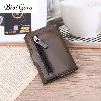 

BISI GORO 2020 Men Credit Card Holder High Quality Metal Aluminum Auto Pop-up RFID ID Card Case Black Wallet Button Coin Purse