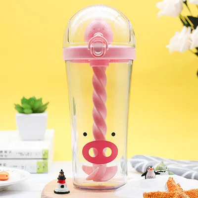 FairOnly Cute Cartoon Animal Straw Plastic Cup Mixing Cup Little brown bear 500ml