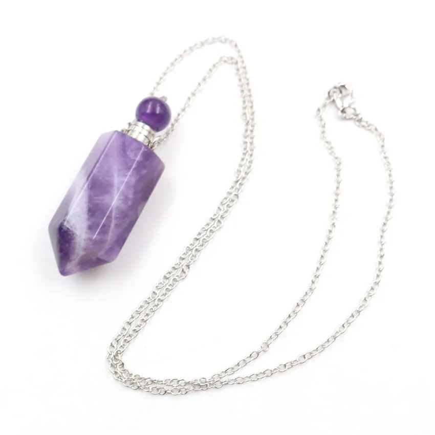 Amethyst XSM натуральный камень подвеска в виде бутылочки парфюма ожерелья эфирное масло диффузор шестиугольная колонна Кристалл Quartzs подвески ювелирные изделия 1 шт - Окраска металла: Amethyst