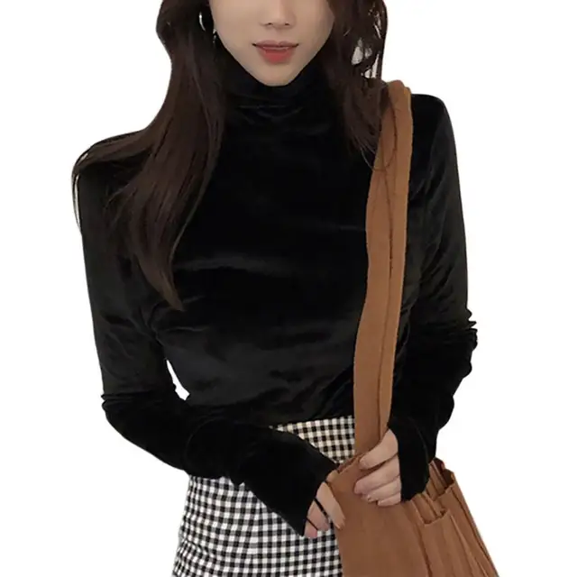 Women T-Shirt  Soft Fleece Velvet Turtleneck Shirt Solid Long Sleeve Autumn Fitness Vintage Girls Bottom Tops Women Clothing black