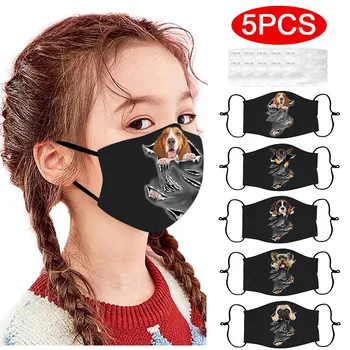 

Child Mask Cute Animal Dog Print Face Mask With Filter Dustproof Haze Protective Mask Washable Reusable Face Mask Kids Mask 5PCs