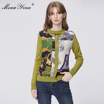 

MoaaYina Spring Fashion Long sleeve Knitting Tops Women's Elegant Print Cardigans Silk Patchwork Wool Sweater
