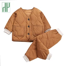 Одежда для маленьких девочек; утепленная хлопковая одежда; Одежда для маленьких мальчиков; зимний костюм; куртка+ штаны; комплект детской одежды из 2 предметов