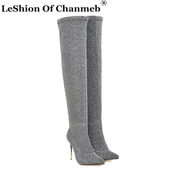 

Autumn Winter Slim Leg Stretch Leopard Over-the-Knee Boots for Women Sexy Pointy Toe Thin High Heels Thigh Boots Ladies Shoes 48