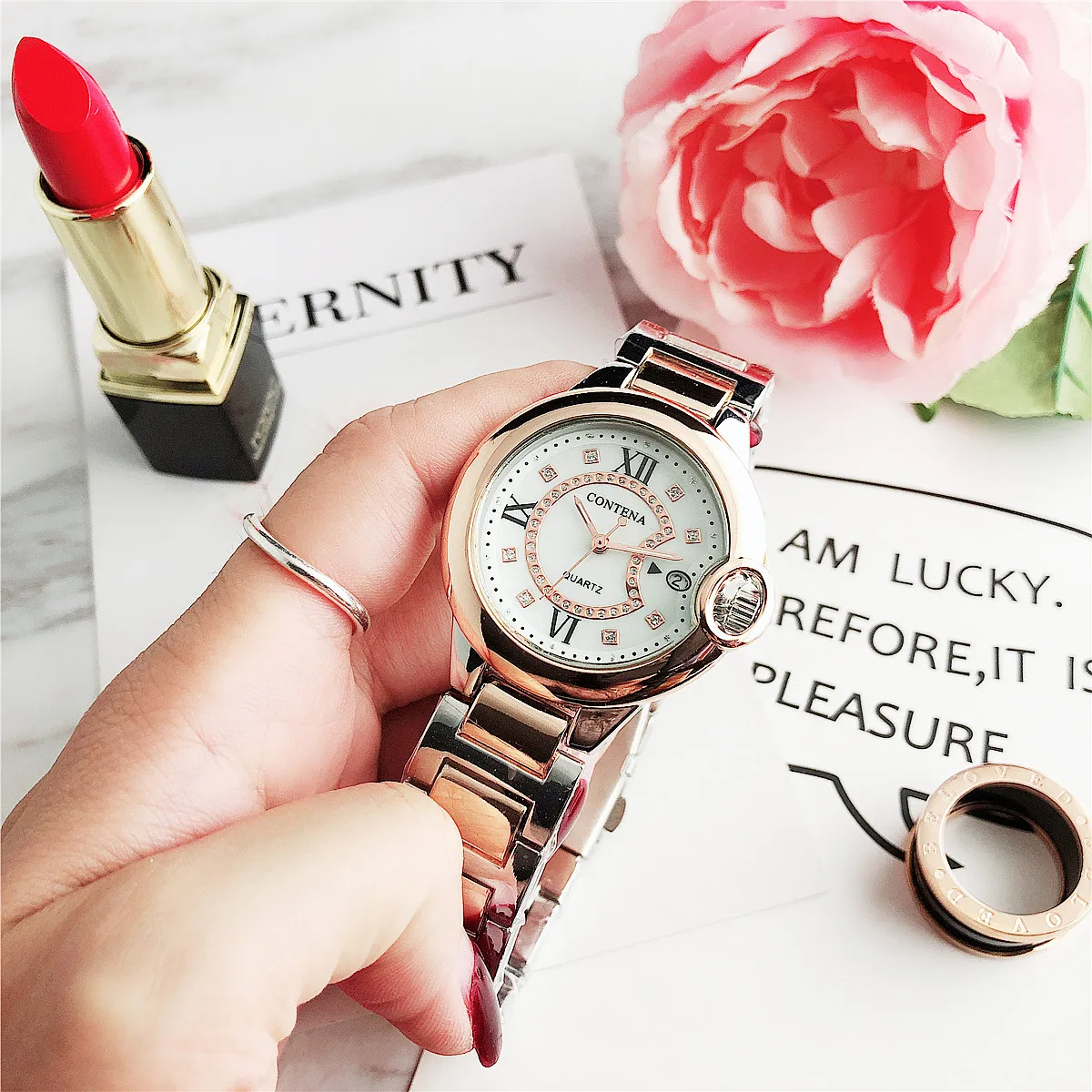 Contena Роскошные Montre часы Femme модные женские Стразы с логотипом красивые кварцевые часы Mujer Crystal Relojes