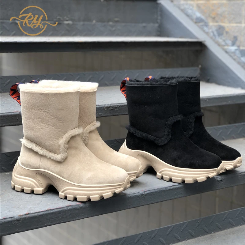 

RY-RELAA boots women 2018 fashion Genuine Leather luxury shoes women designers Sheepskin wool integration ankle boots ins style