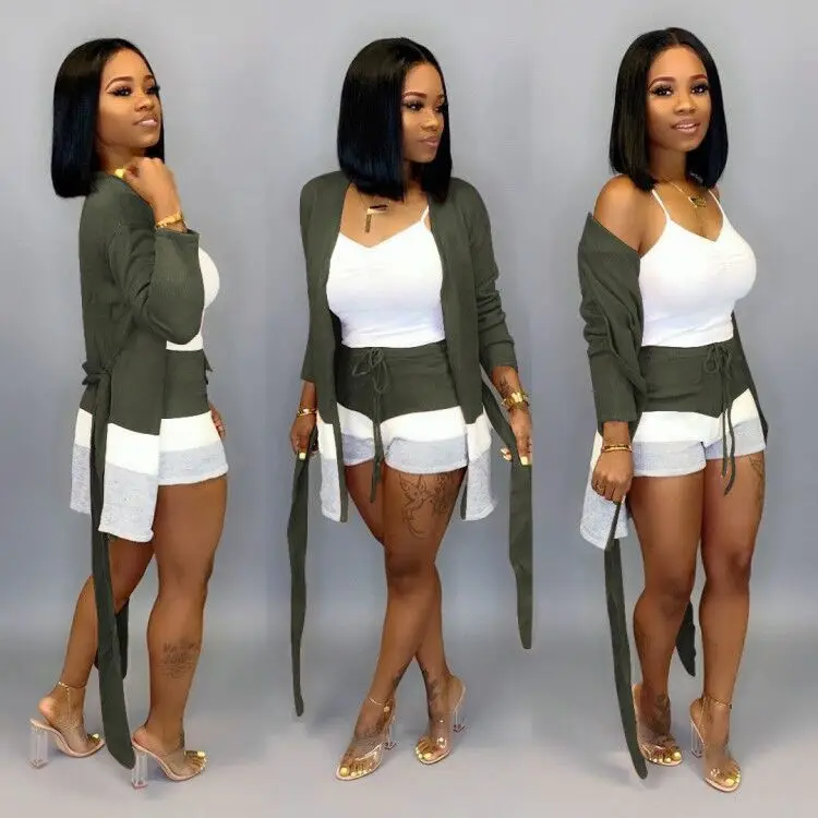 

Winter Elegant Knitted Wool Women's set Open Stitch Sashes Coat Ankle Length shorts suit two piece set overalls tracksuit GL6316