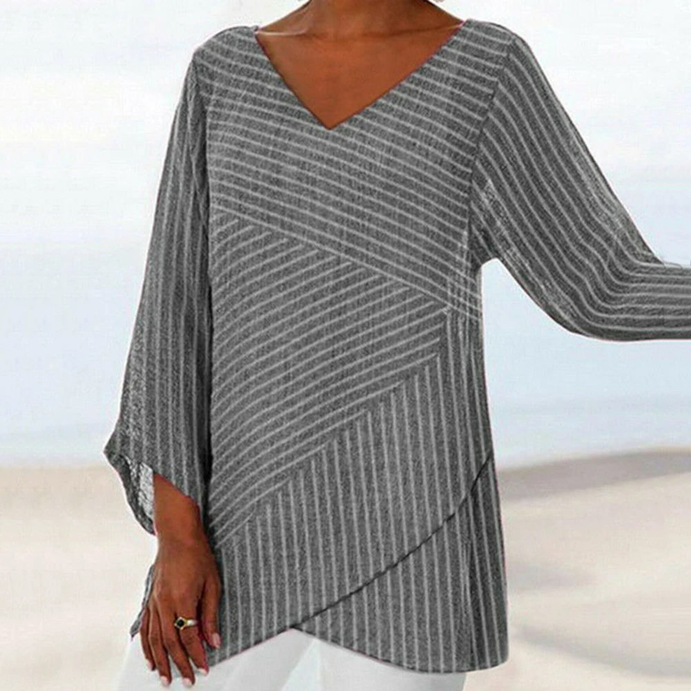 Рубашки с длинным рукавом женские осенние повседневные свободные топы в полоску с v-образным вырезом ассиметричная блузка однотонная Туника Топы Рубашки Mujer - Цвет: Gray