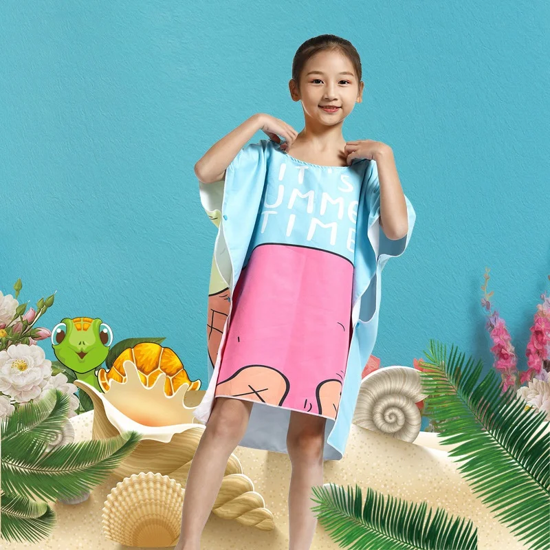 Children Beach Towel Microfiber Bathrobe Poncho Hooded Absorbent Quick Drying Easy for Changing Cloth