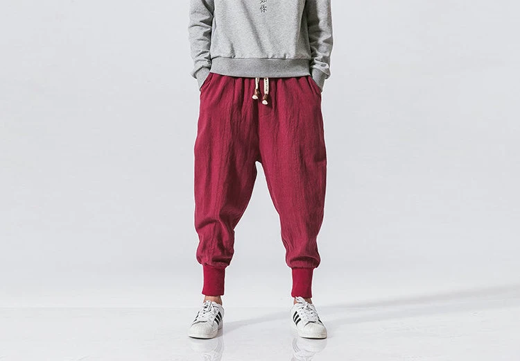 Chinese Style Harem Pants Men Streetwear Casual Joggers Mens Pants Cotton Linen Sweatpants Ankle-length Men Trousers M-5XL