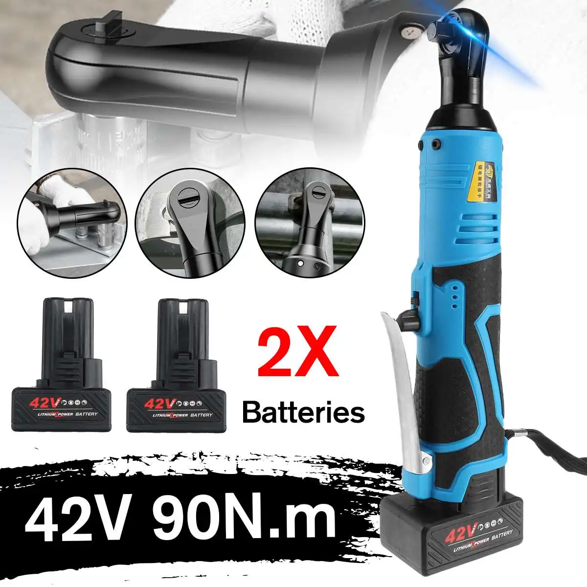 42V Cordless Ratchet Electric Wrench 3/8&quot Rechargeable Scaffolding 90N.m Right Angle Power Tool Kit with 1/2 Battery Charger |