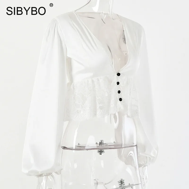 SIBYBO, кружевные вязанные крючком сексуальные женские топы, Весенняя тонкая футболка с длинным рукавом, Женская однотонная летняя укороченная футболка с v-образным вырезом для женщин
